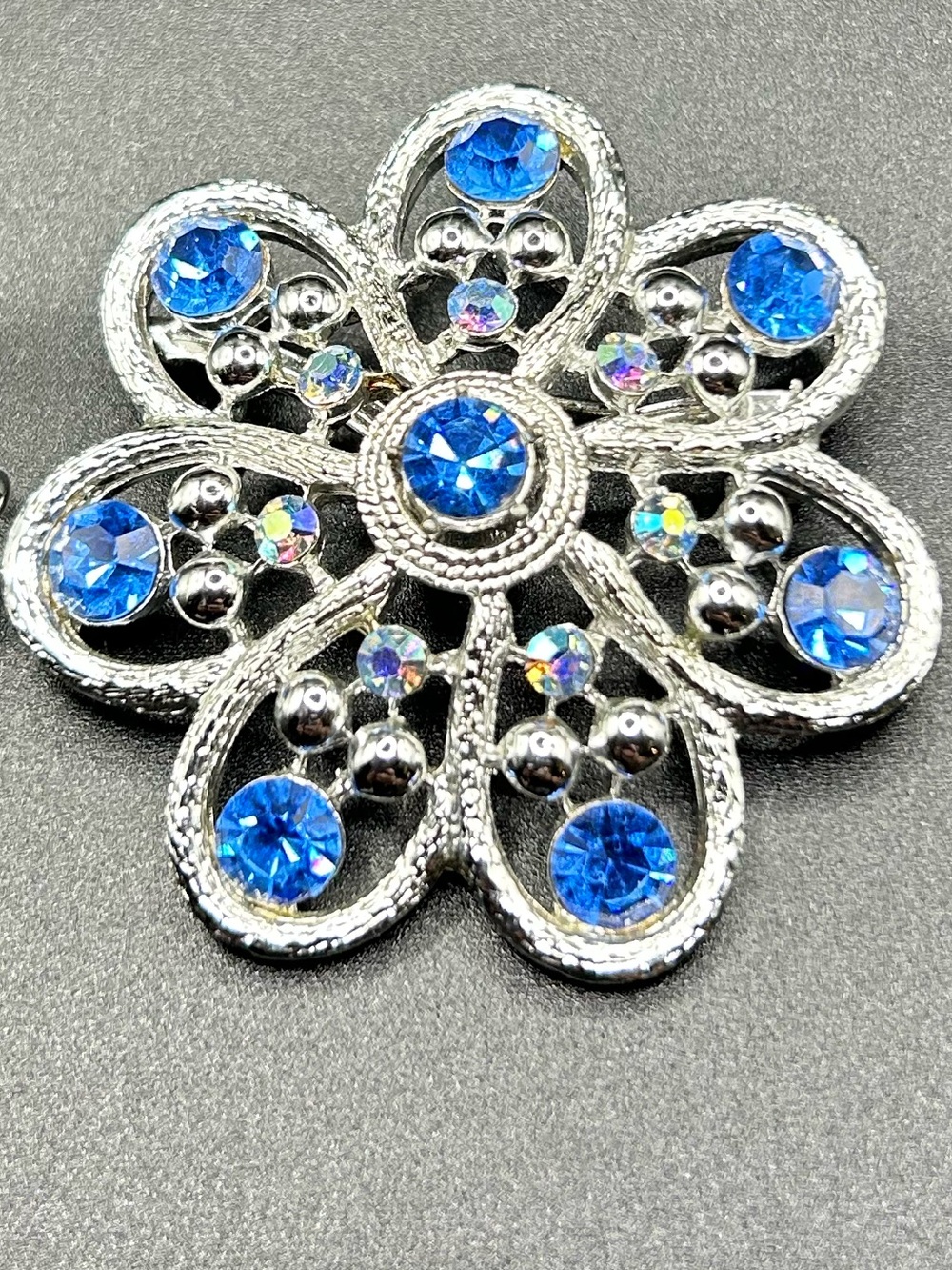Silver Floral Brooch and Clip-On Earrings Set with Blue Crystals